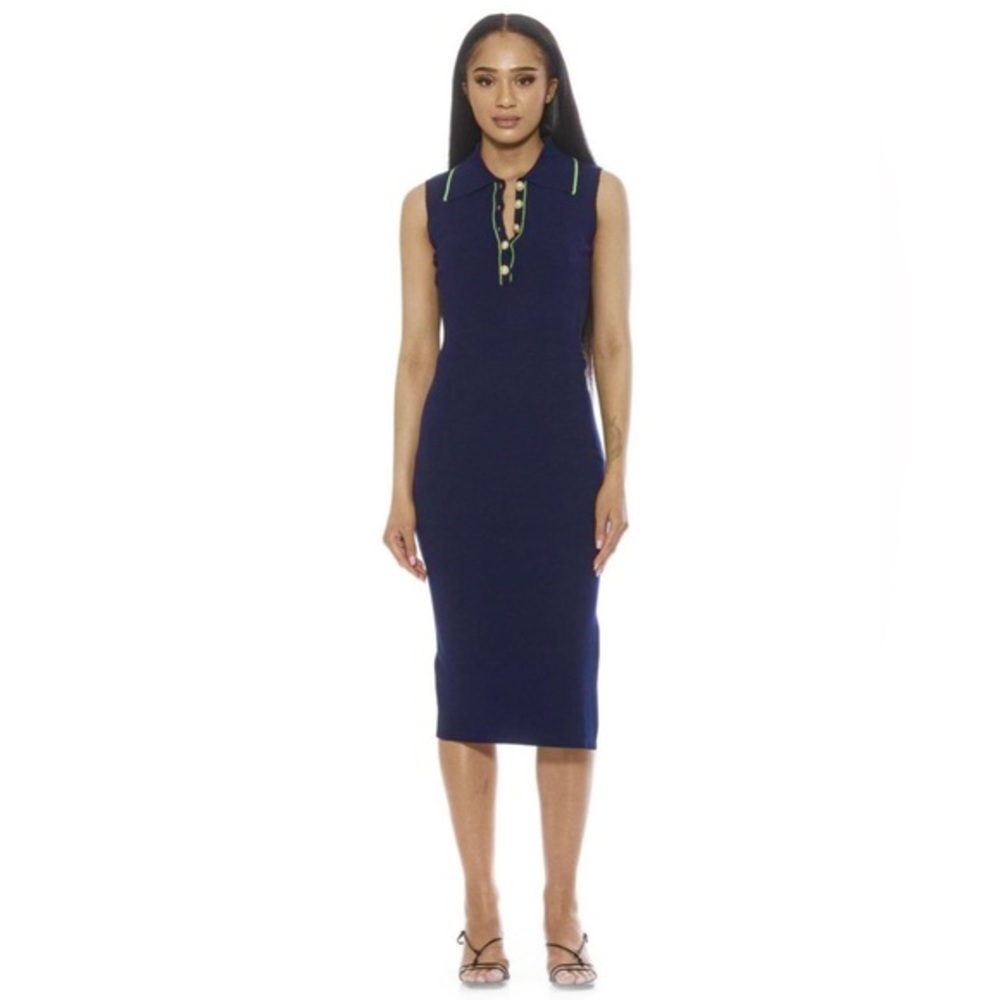 Alexia Admor Navy Myah Dress Small Sleeveless Knit Midi Collared Business Casual